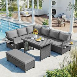 5-Pc Outdoor Patio Gray Rattan Sectional Corner Sofa /Dining Set w/ Dining Table/Bench & Flip-Up Side Tables [NEW] **Retails for $1,211 <Assembly Req>