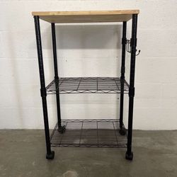 Modern Wood & Black Metal Rolling Accent Cart – Adjustable 2 Tier 