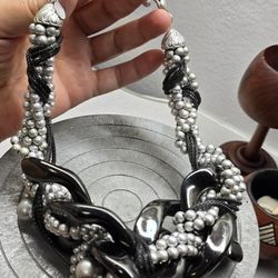 Chunky Statement Necklace Black Silver Beads Mesh Braided Choker
