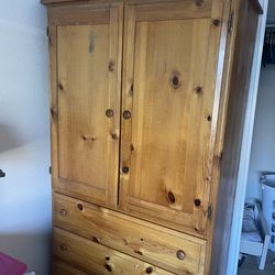 Pine armoire , side table with two chairs (clock not included)