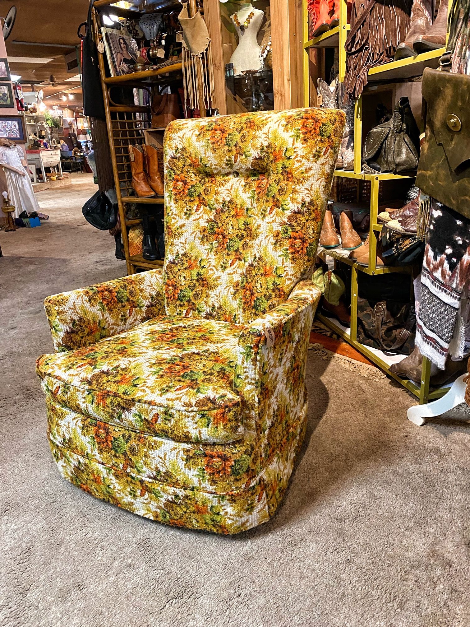 Vintage 1970S Floral Print Swivel Accent Chair