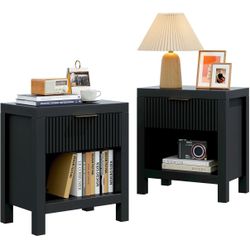 Modern Small End Tables | Bedside Table with Drawer and Opening Storage | Nightstand | Accent Table for Living Room, Bedroom | Set of 2 | Black