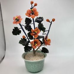 Vtg 9" Chinese Jade Orange Semi Precious Cherry Blossom Tree In Celadon Planter
