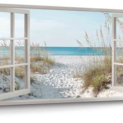 Luxury Coastal Window Wall Art – Beach Ocean View Canvas 40x20