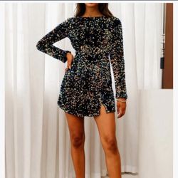 R.Vivimos Women's Sequin Bodycon Dress Fall Winter Velvet Warm Long Sleeve Crew Neck Sexy Backless Glitter Slit Mini Dress