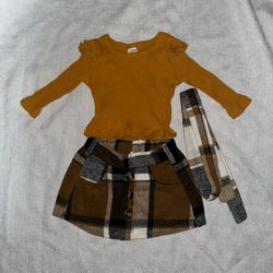 SHEIN Baby Girl Beige Brown Flannel Plaid Skirt & Mustard Shirt With Belt 3-6 M 