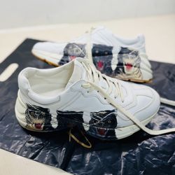 Gucci Rhyton Great White Tiger Leather Animal Print Logo Men's Sneakers Size 8