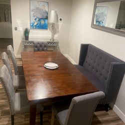 Dark Wood Kitchen Table & Denim Studded Chairs