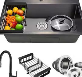 AKDY 33x22 Matte Black Kitchen Sink + Pull-Down Faucet