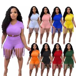 Real Cute Solid Tassel Short Suit