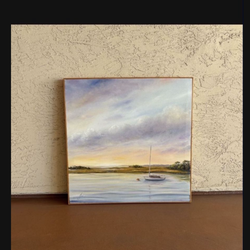 One Original Beautiful Painting Landscape Boat Bay Ocean with Wood Frame