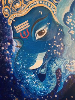 Blue Ganesha In Silver Leaf ContemporaryPainting 