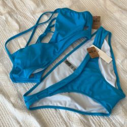Victoria Secret Pink Swim Top& Bottom Blue Solid Wrap Halter V Cut New 