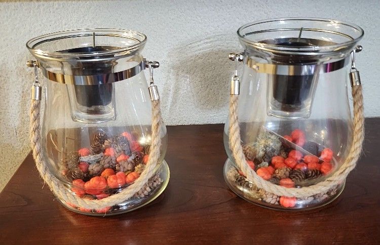 Glass Jar With Rope Handle And Silver Trim 