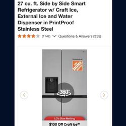 LG 27 Cu. Ft. Side By Side Refrigerator With Ice And Water Dispenser In Stainless Steel