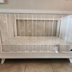 White Baby Crib w/ Acrylic Panels & Mattress – Good Condition