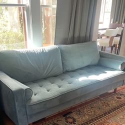  Midcentury modern velvet blue couch with two pillows 