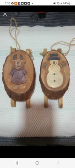 Lot of 2: Cabin/Lake & Lodge Wood Christmas Ornaments