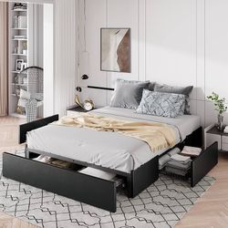 Queen Size Platform Bed Frame with 3 Storage Drawers, Faux Leather Upholstered, Wooden Slats Support, No Box Spring Needed, Easy Assembly, Black