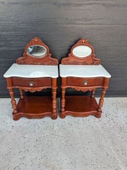 Pair of Vintage Victorian Style Marble Top Nightstands with Mirrors by Pulaski