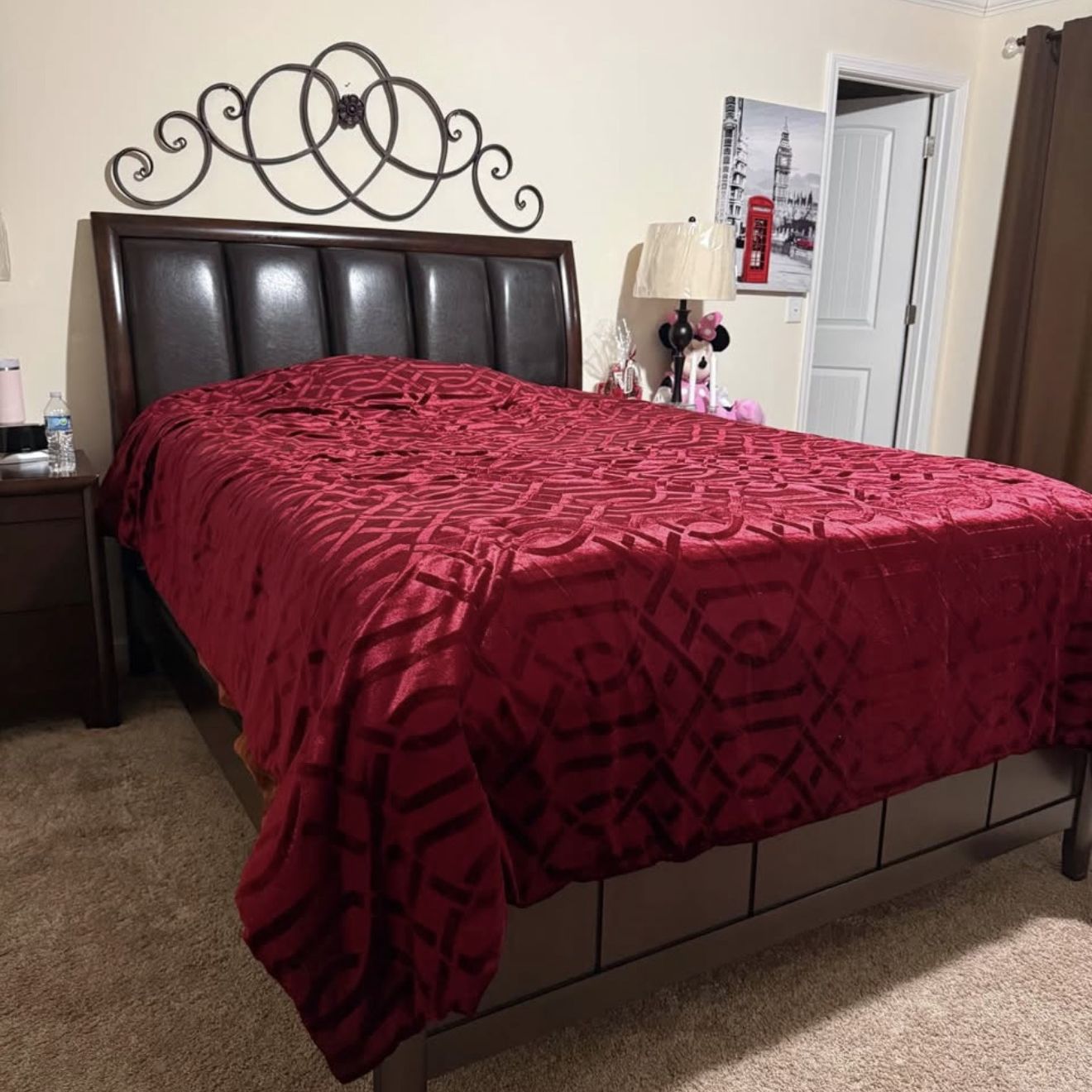 Dark Brown Bed Frame Upholstered Headboard with mattress