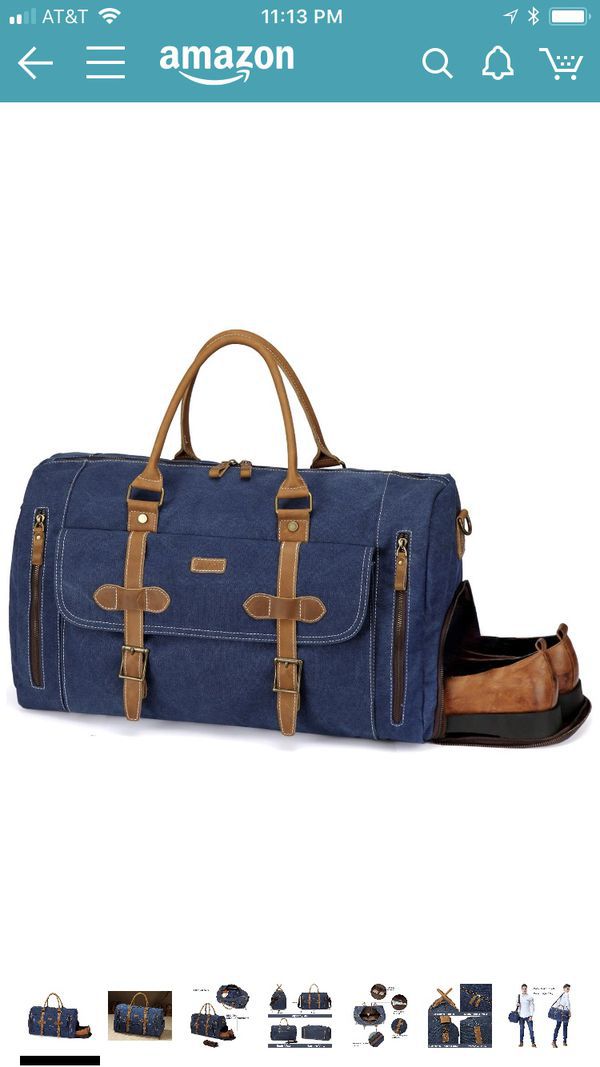 Vaschy Leather Canvas Duffle Tote with Shoe Compartment 46L Large Weekend Carry-on Holdall Baggage Sports Travel Bag Denim Blue
