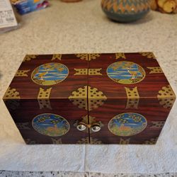 Asian Lacquer Cloisonne Crane & Stag Fold-Out Jewelry Box 