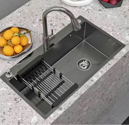 Black Stainless Steel Kitchen Sink 32 Inch Single Bowl Drop In Top Mount Workstation With Pull-Out Faucet And All Accessories