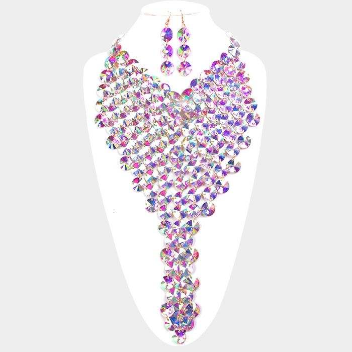 Faceted Round Stone Fringe Necklace Set