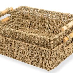Wicker Storage Baskets for Shelves with Wooden Handles