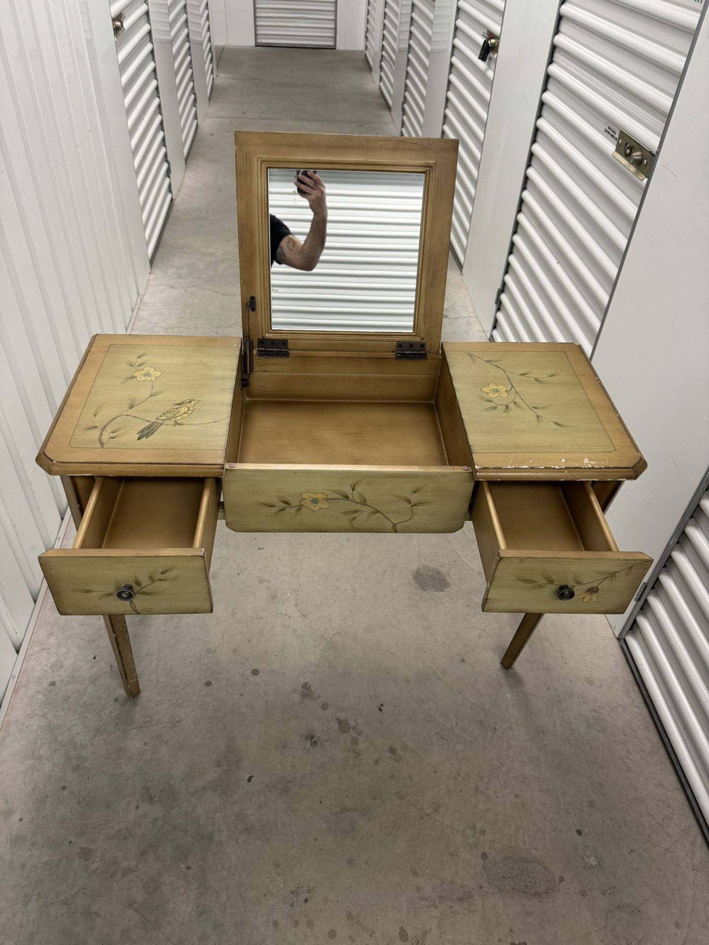 Vintage Vanity Desk with Bird and Floral Design