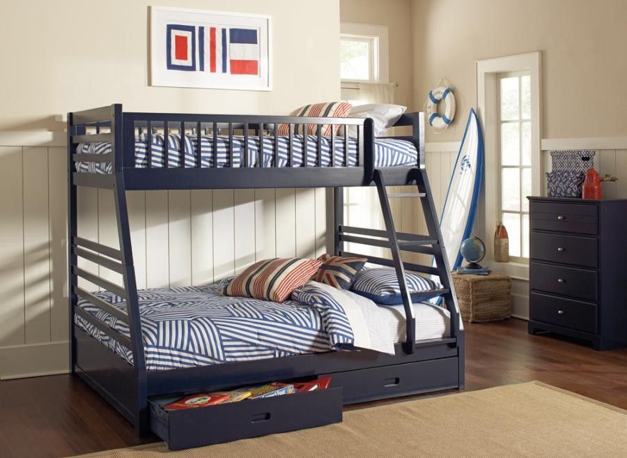 New Twin Full Bunk Bed W/ 2-Drawers In Navy Blue (We Deliver)