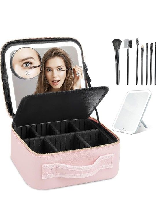 Brand New Travel Makeup Train Case with Mirror of LED Light 3 Color Adjustable Brightness, Adjustable Dividers Cosmetic Bag for Women, Makeup Bag
