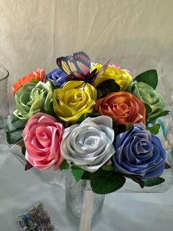 One Dozen Handmade Ribbon Rose Bouquet – Multicolor