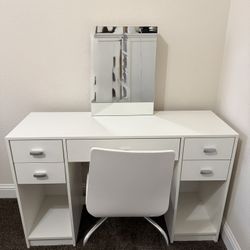 White Desk with Mirror and Chair 