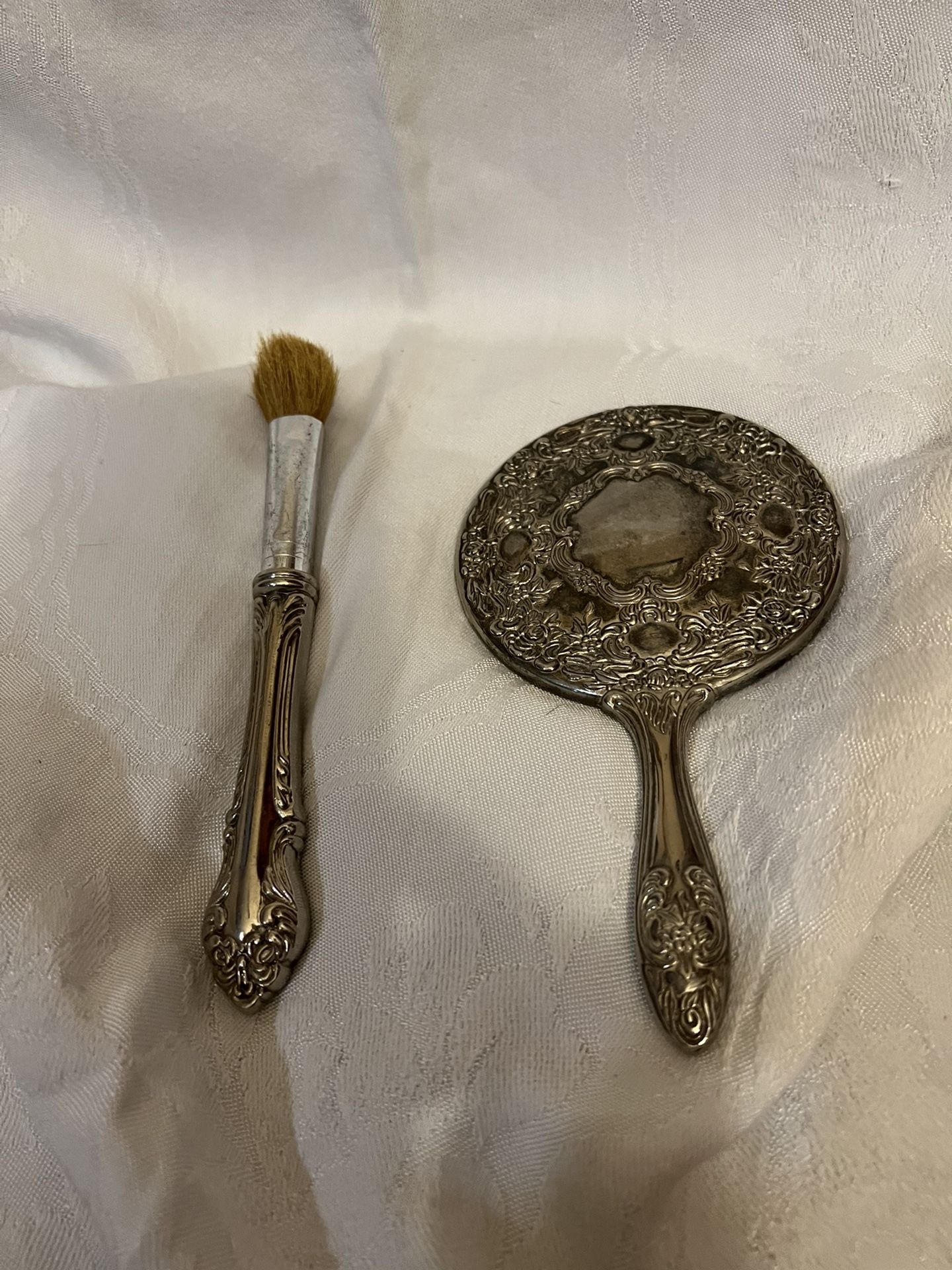 Antique Silver Plated Mirror And Cosmetic Brush