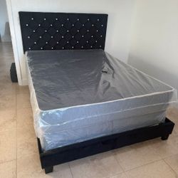 Queen Bed Frame Black Diamond Headboard Mattress Included 