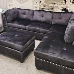 Sienna Black Velvet Sectional with Ottoman / couch /Living room set 