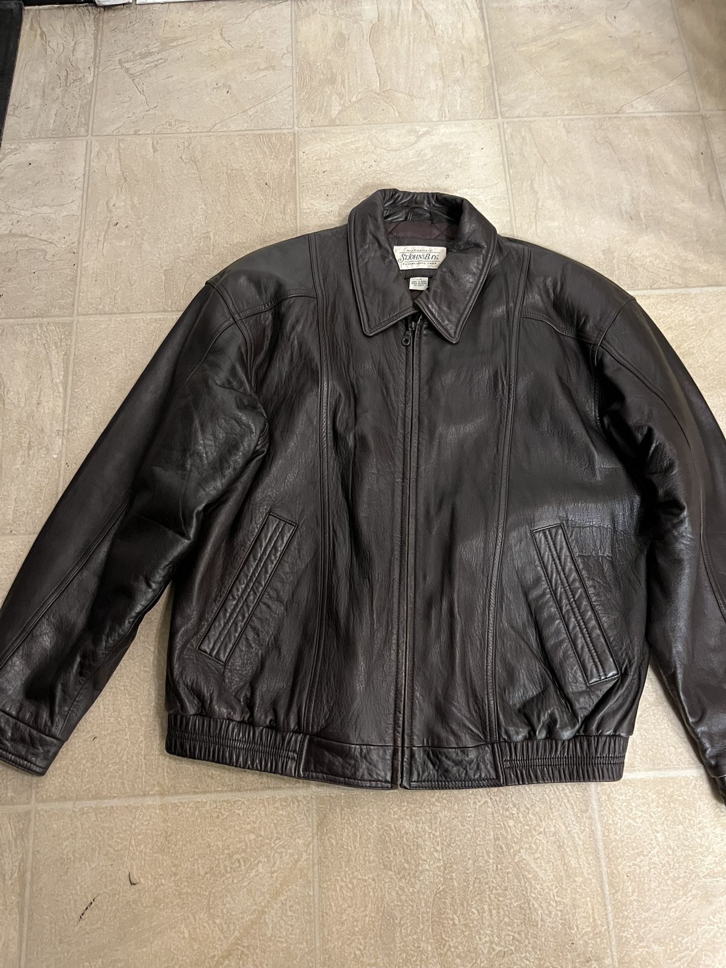 St John’s Bay Leather Jacket L/G Dark Brown Short Casual Removable Liner Used - From J
