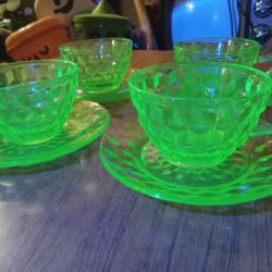 1930s Jeanette "Cube" Uranium Glass Cups & Saucers 