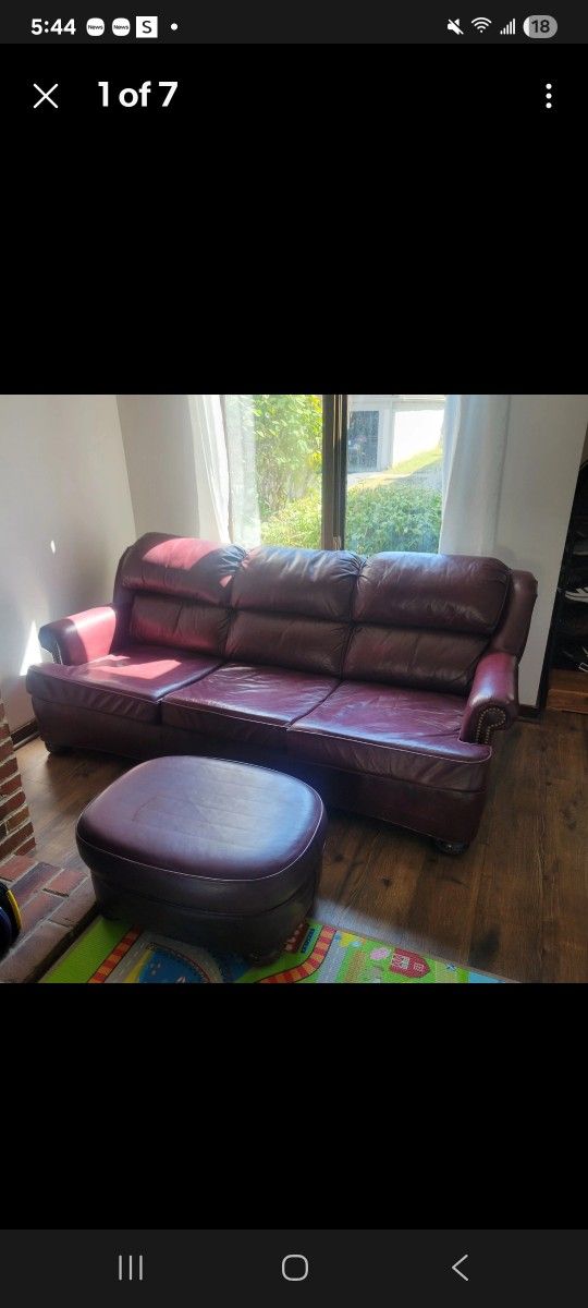 McKinley Genuine Leather Burgundy Couch And Ottoman