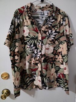 Cathy Essentials Woman 1X Tropical Floral Button Down Shirt Cotton Rayon