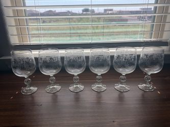 Set of 6 Etched Crystal Wine Glasses