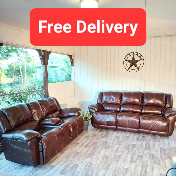Genuine Leather Recliner Couch & Loveseat Sofa Set - FREE DELIVERY