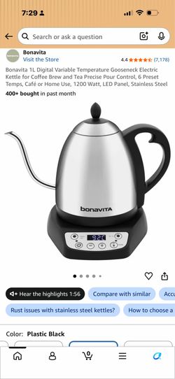 Bonavita 1L Digital Variable Temperature Gooseneck Electric Kettle for Coffee Brew and Tea Precise Pour Control, 6 Preset Temps, Café or Home Use, 120