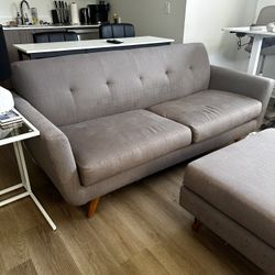 Mid-century Modern Gray Couch And Ottoman