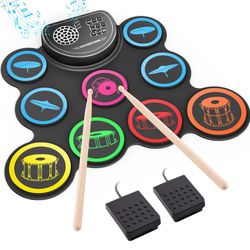 Electronic Drum Set, 9-Drum Practice Pad with Headphone Jack, Roll-up Drum Kit Machine with Built-in Speaker Drum Pedals and Sticks 10 Hours Playtime,
