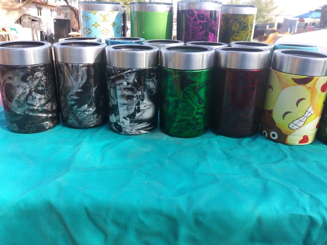 Cups for hot or cold item's Hydro dip painting on outside. Small one's hold a can for soda or beer other items can be painted as well.