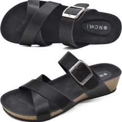 ONCAI Women's Black Platform Sandals,Fashion Criss Cross Open Toe Beach Cork Wedge Sandals-Summer Slip-on Leather Flatform Slides with Rubber Soles Si