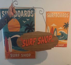 Surf Shop Sign with Hanging Brackets and Cool Posters